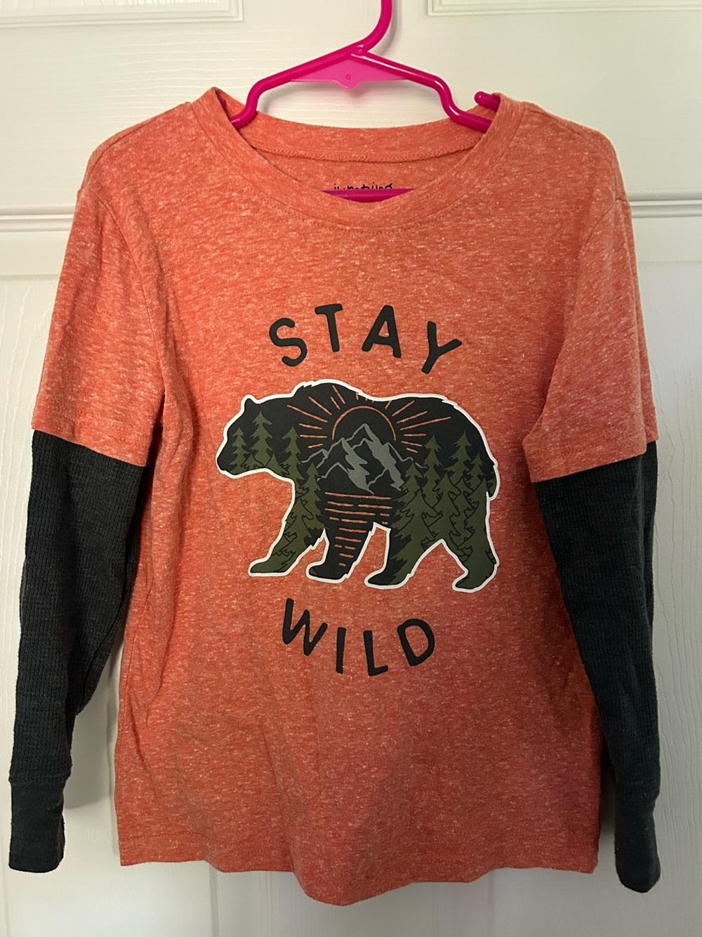 Boys, jumping beans, Orange 'Stay Wild' Bear Long Sleeve Tee with Gray Sleeves